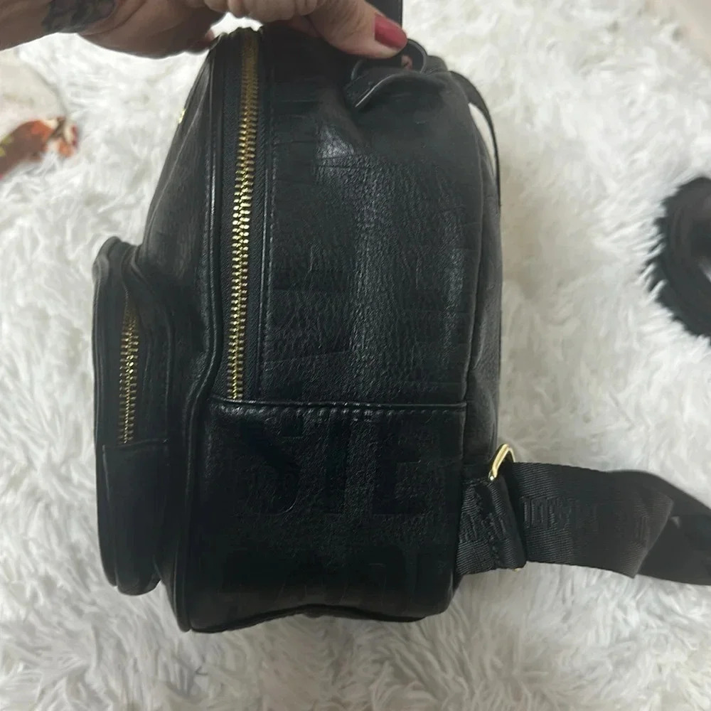 Steve Madden Mini Backpack Purse Black Embossed Leather Logo - Picture 4 of 10
